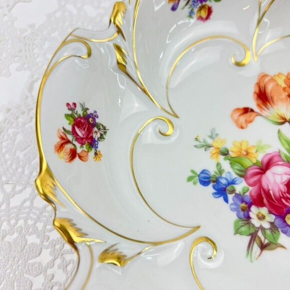 Jlmenau Graf Von Henneberg Porcelain Serving Bowl White Gold Rim Floral Design - Picture 9 of 13